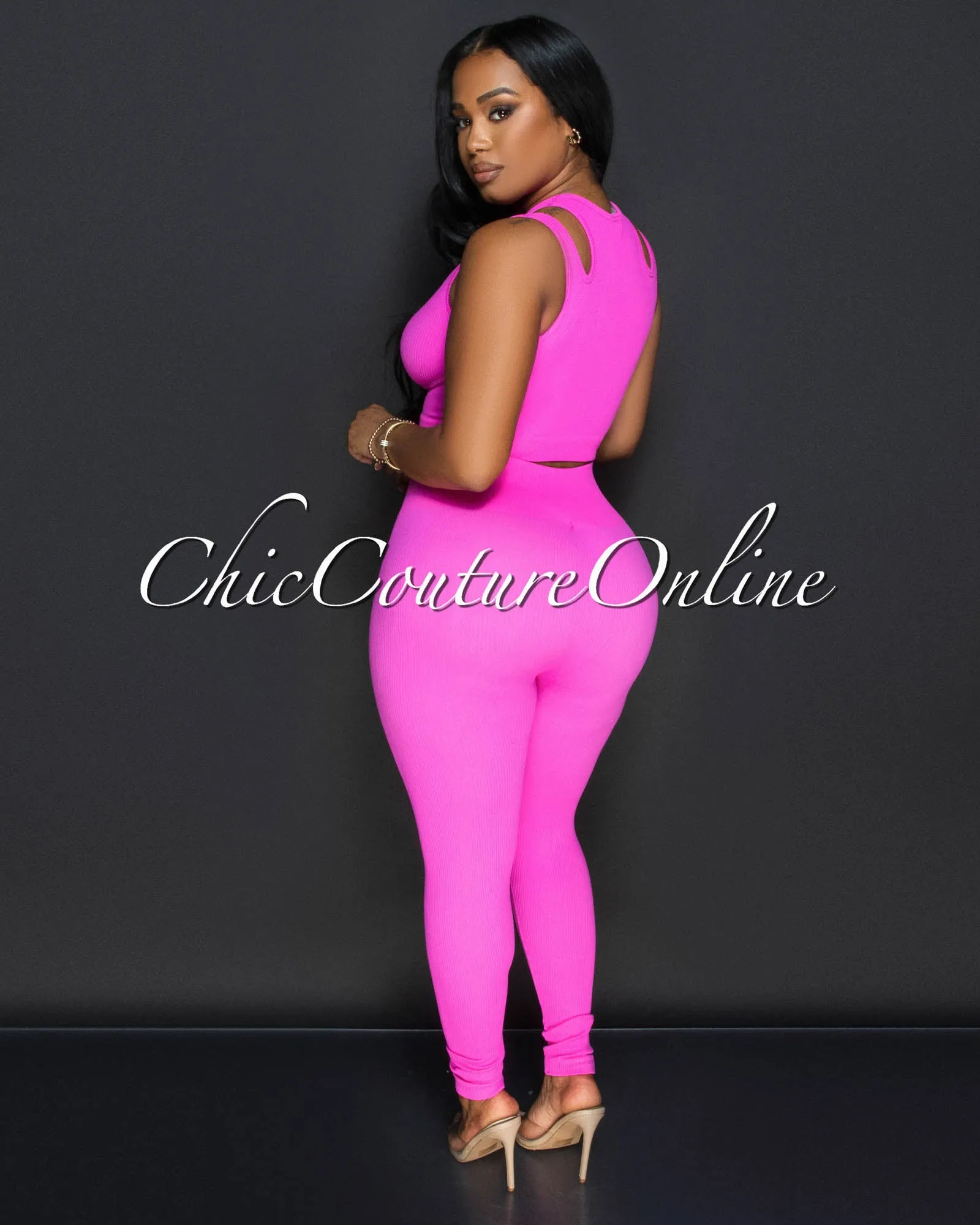 Alera Fuchsia Cut Out Crop Top & Leggings Ribbed Sculpting Set sold by Chic Couture product image thumbnail 4