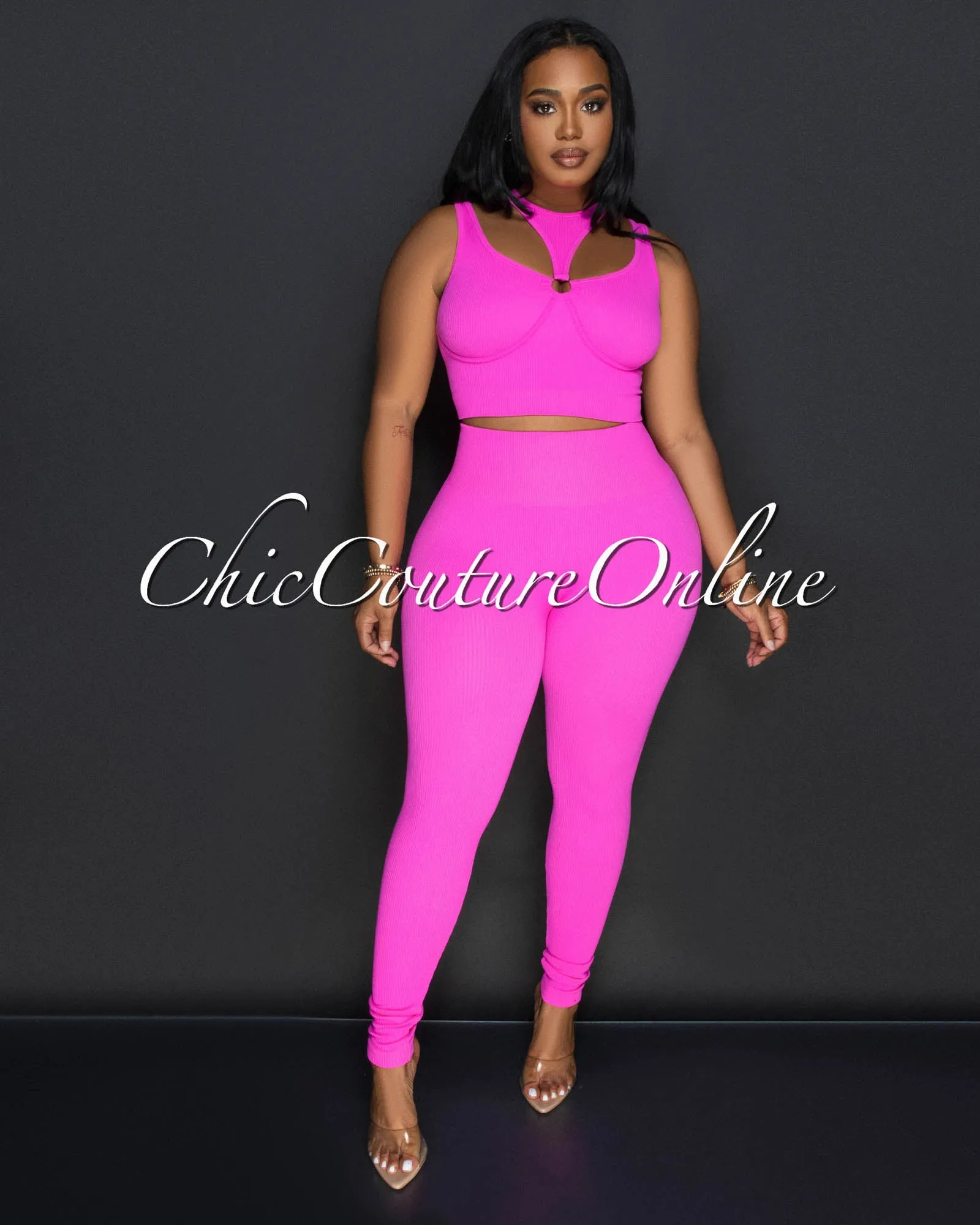Alera Fuchsia Cut Out Crop Top & Leggings Ribbed Sculpting Set sold by Chic Couture product image thumbnail 3