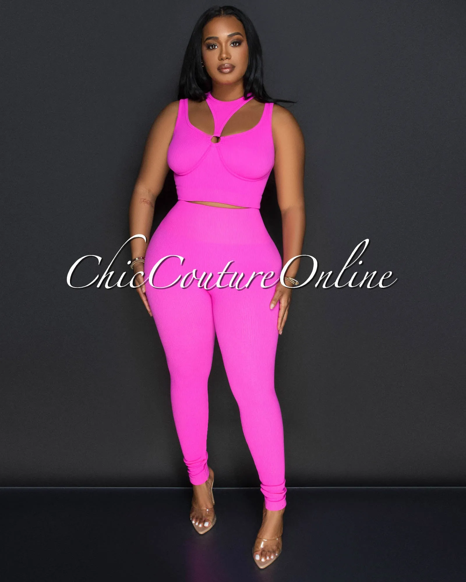 Alera Fuchsia Cut Out Crop Top & Leggings Ribbed Sculpting Set sold by Chic Couture product image thumbnail 2