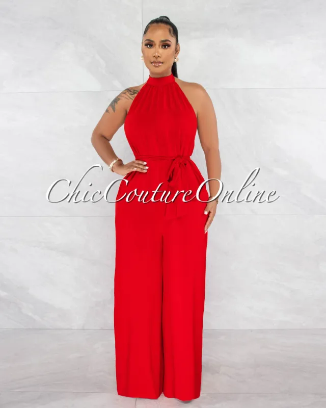 *Lahina Red Halter Low Back Wide Legs Jumpsuit sold by Chic Couture