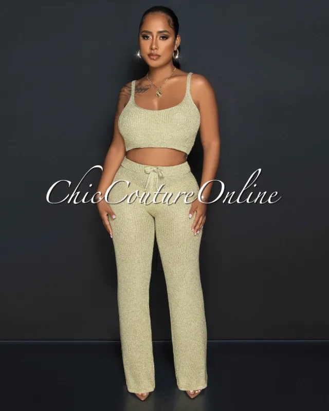 *Desia Gold Crop Top & Pants Crochet Shimmer Set sold by Chic Couture