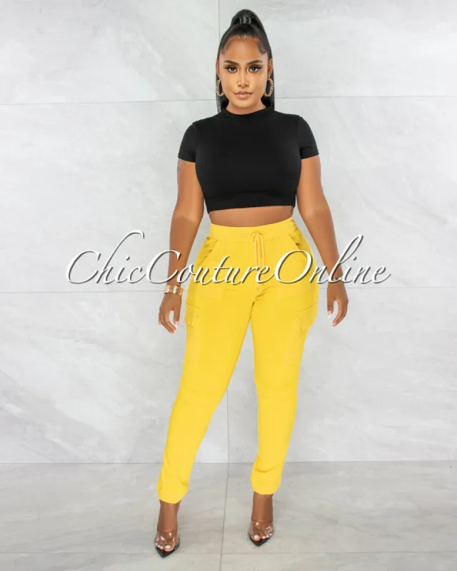 Ashley Yellow Drawstring Cargo Jogger Pants sold by chic