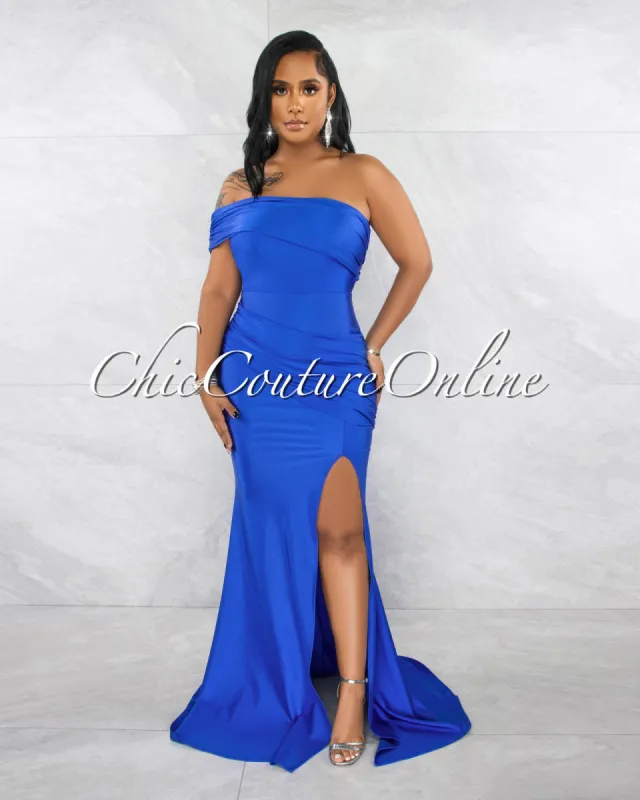 *Hender Royal Blue Drape Single Shoulder Side Slit Maxi Dress sold by Chic Couture