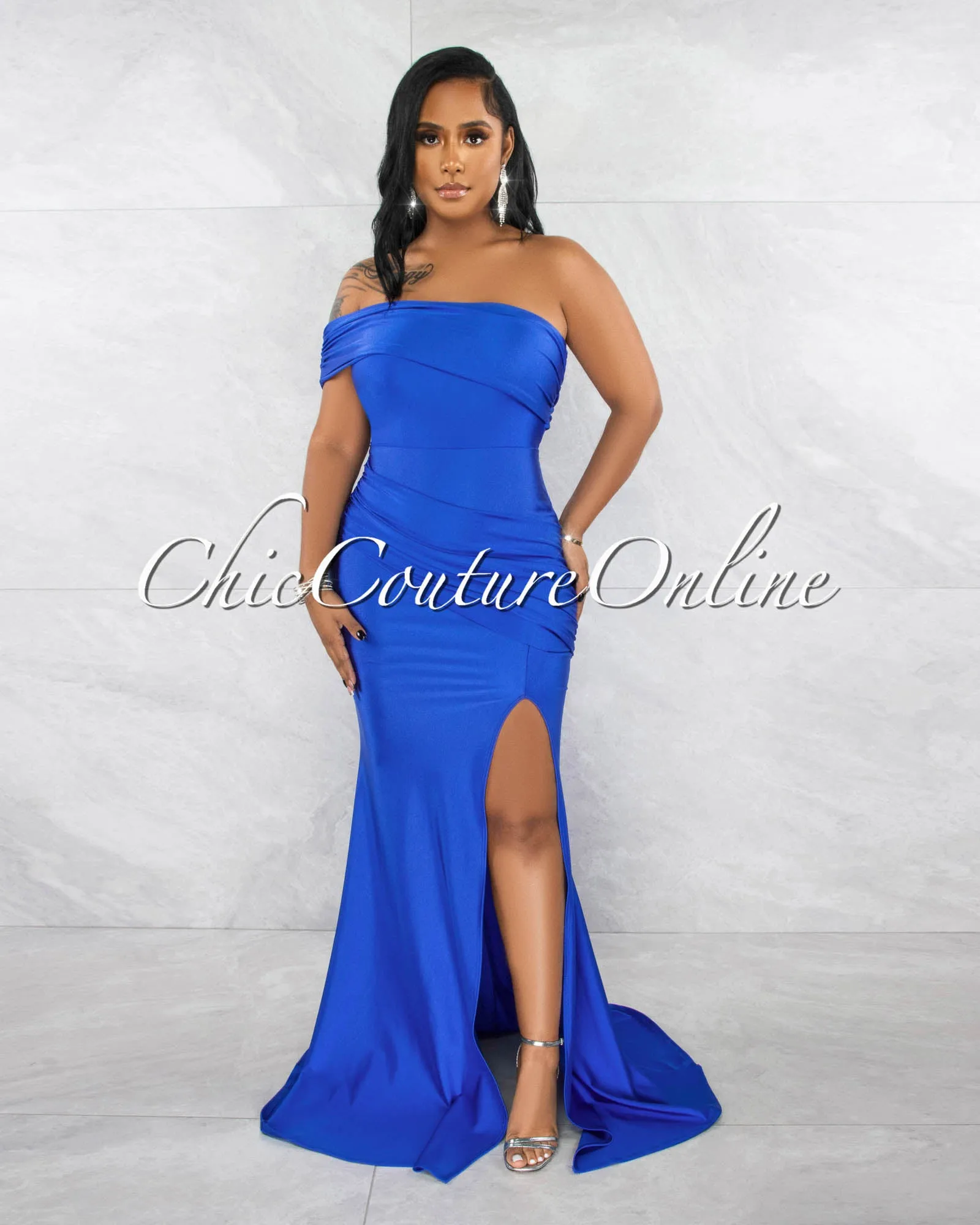 *Hender Royal Blue Drape Single Shoulder Side Slit Maxi Dress sold by Chic Couture