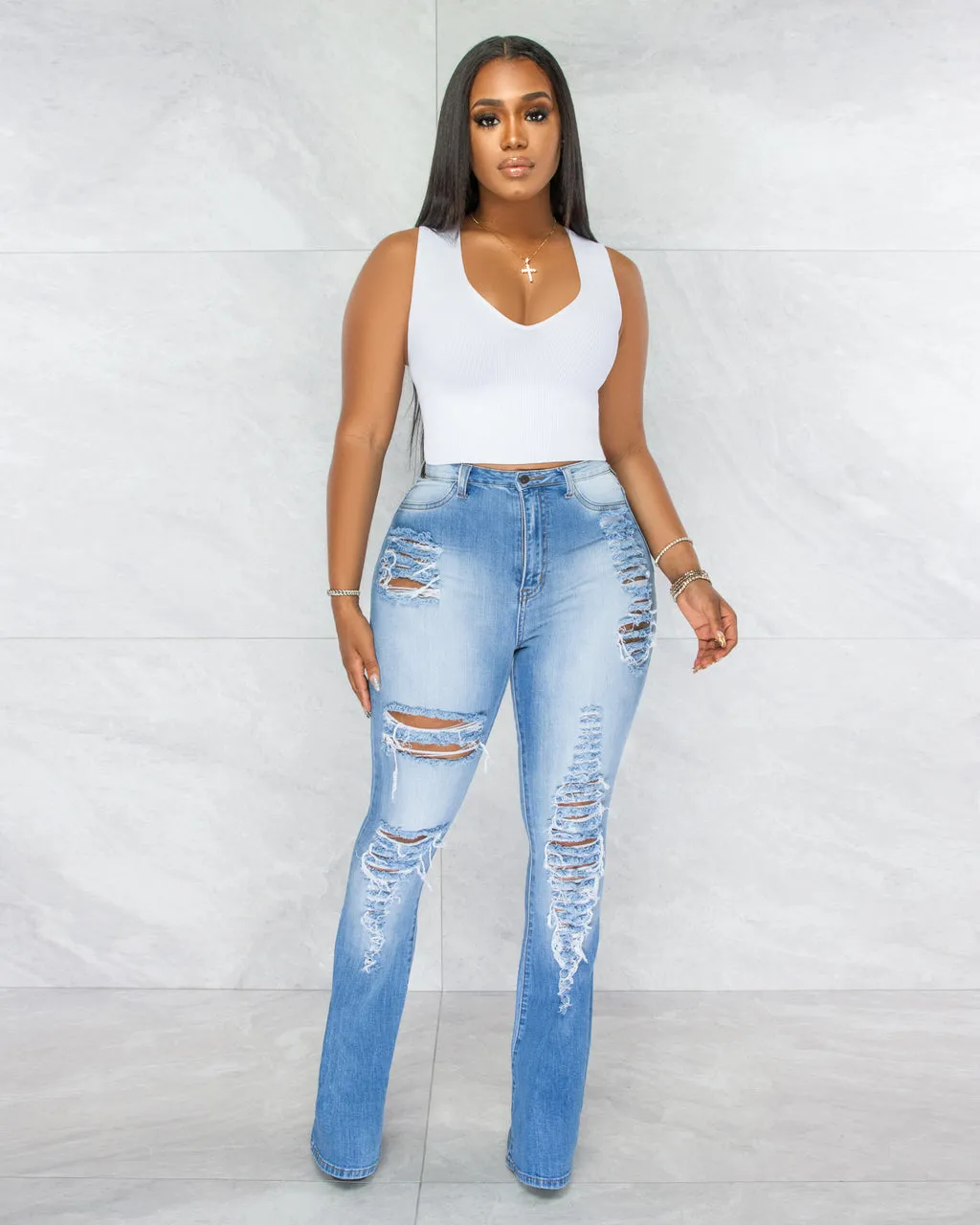 *Nellie Medium Denim Destroyed Bell Legs Jeans sold by Chic Couture product image thumbnail 3