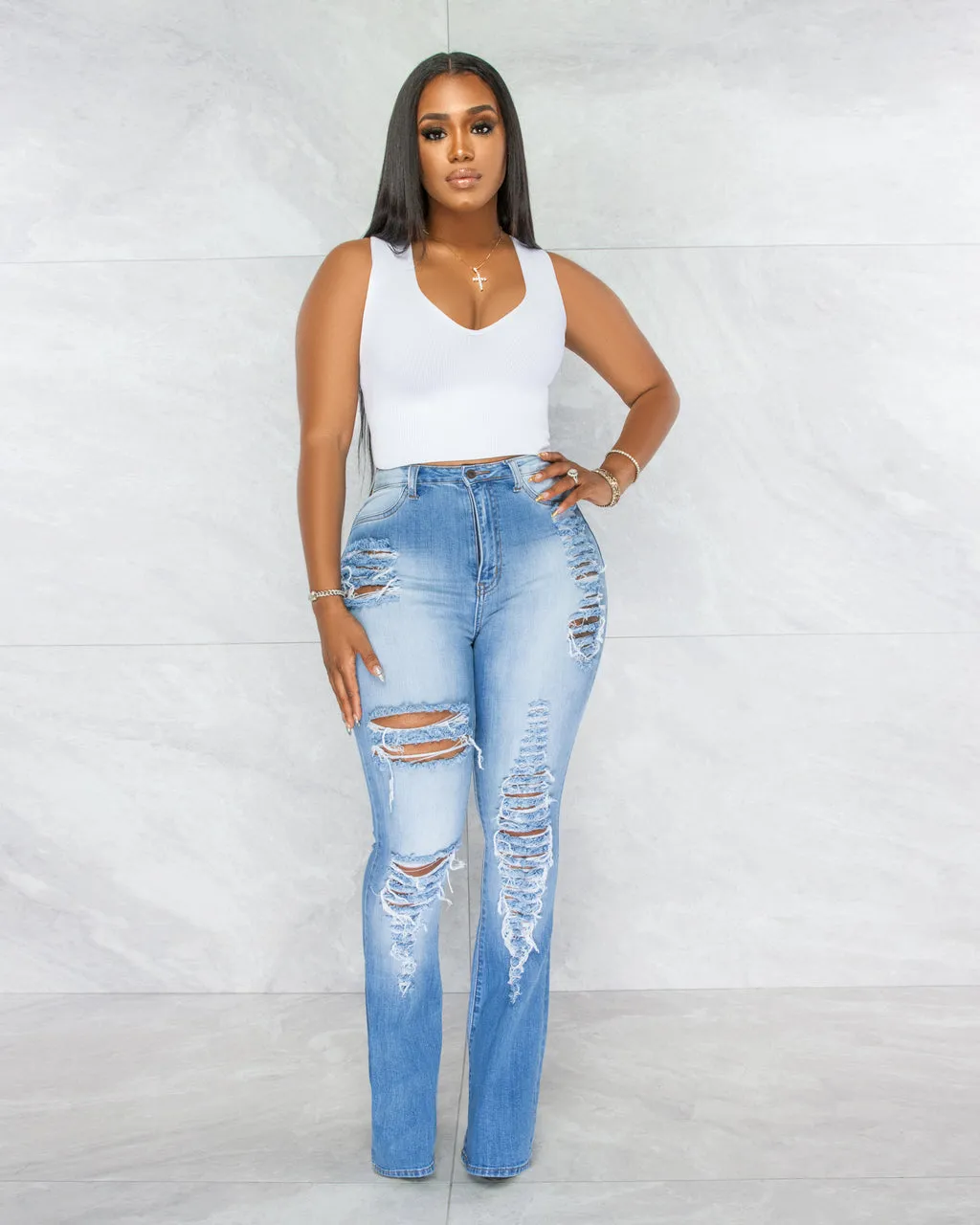 *Nellie Medium Denim Destroyed Bell Legs Jeans sold by Chic Couture