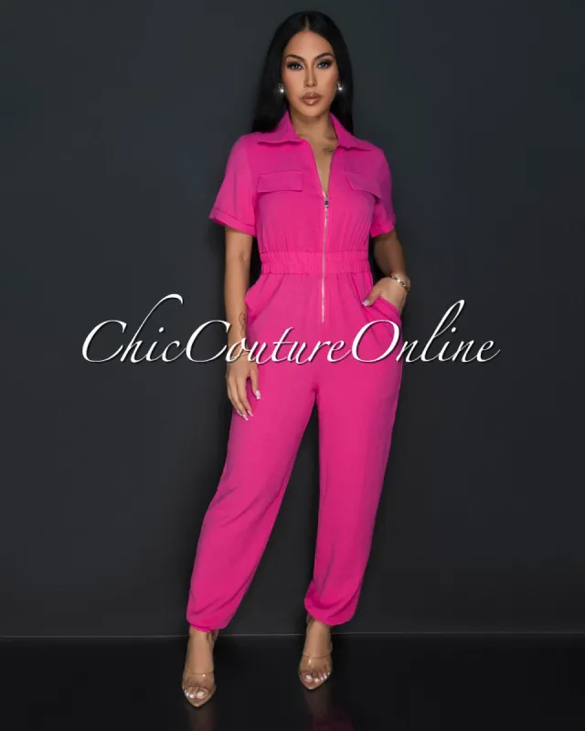 Sumi Fuchsia Utility Cargo Jumpsuit sold by Chic Couture