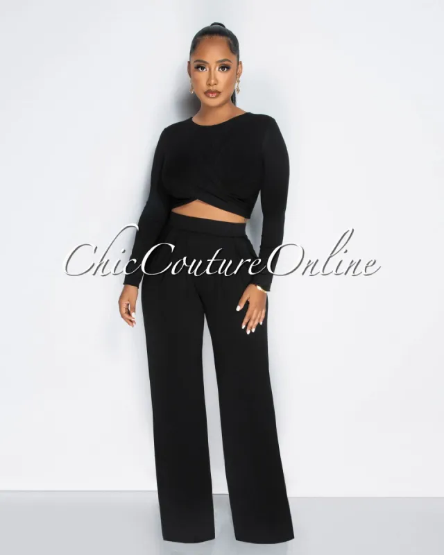 Marquise Black Crop Top & Wide Leg Pants Set sold by Chic Couture