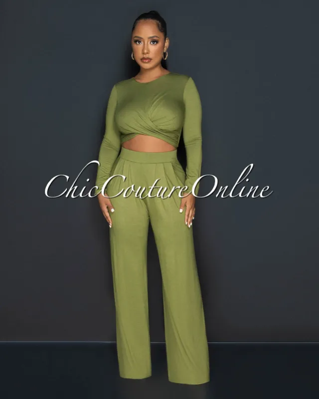 Marquise Olive Green Crop Top & Wide Leg Pants Set sold by Chic Couture