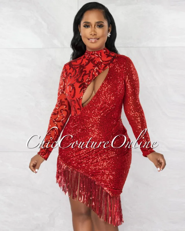 *Samantha Red Mesh Embroidered Sequins Asymmetrical Fringe Dress sold by Chic Couture