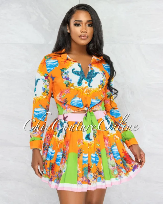 Fasta Orange Print Tie Blouse & Pleated Mini Skirt Set sold by chic