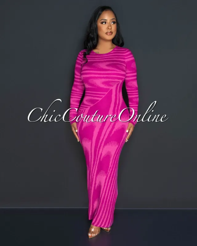 Misty Magenta Pink Print Knit Long Sleeves Maxi Dress sold by Chic Couture