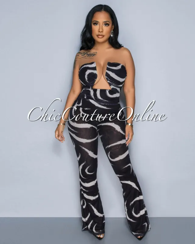 Concetta Black White Print Mesh Strapless Jumpsuit sold by Chic Couture