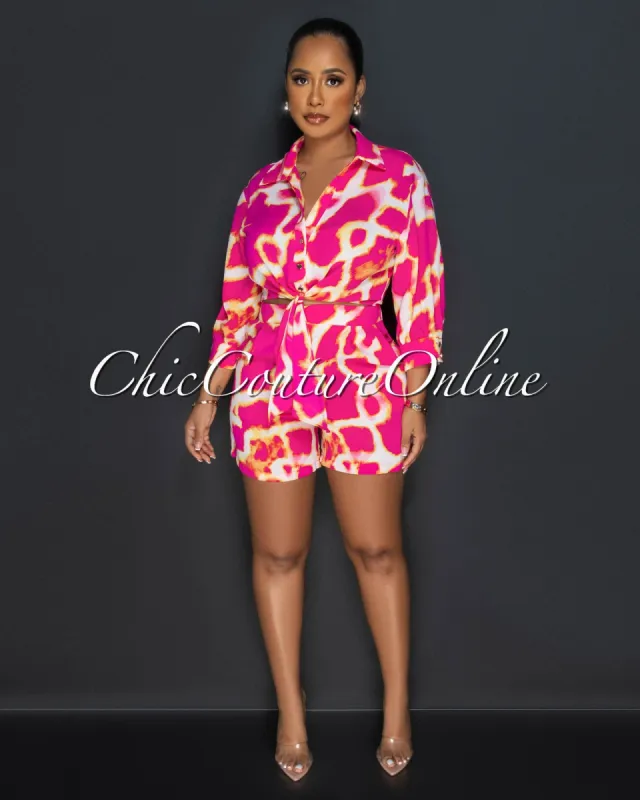 Fabney Fuchsia Print Buttoned Shirt & Shorts Set sold by Chic Couture