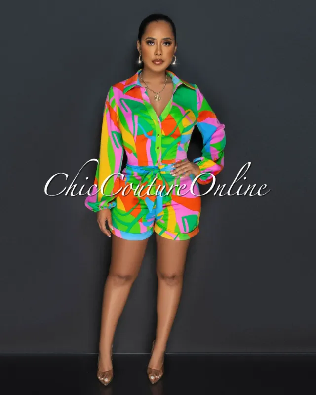 Melanie Green Multi-Color Print Buttoned Shirt & Shorts Set sold by Chic Couture