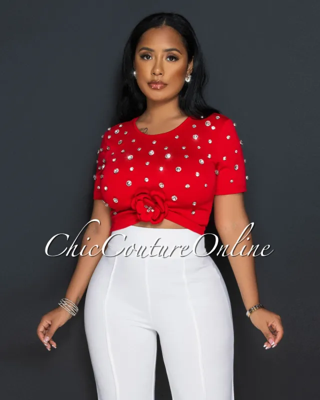 Wagner Red Flower & Rhinestones Crop Top sold by Chic Couture