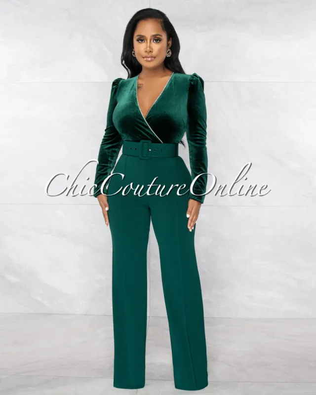 *Prescott Hunter Green Velvet Rhinestones Belted Jumpsuit sold by Chic Couture