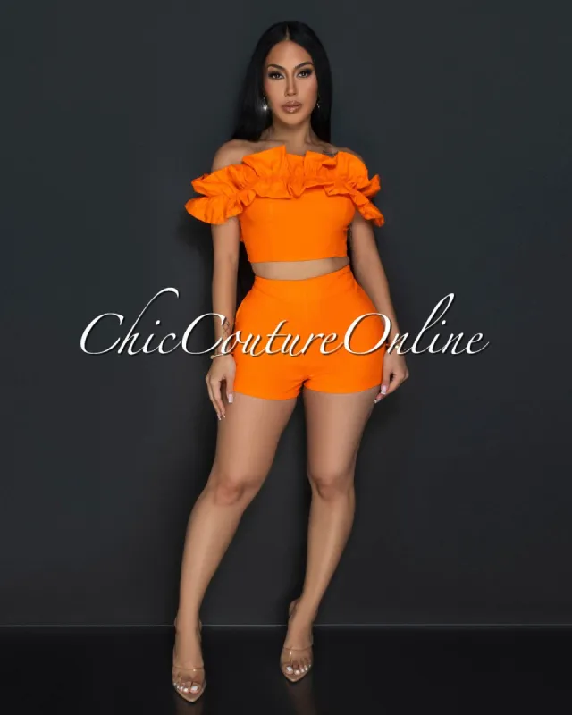 Drea Orange Ruffle Strapless Crop Top & Shorts Set sold by Chic Couture