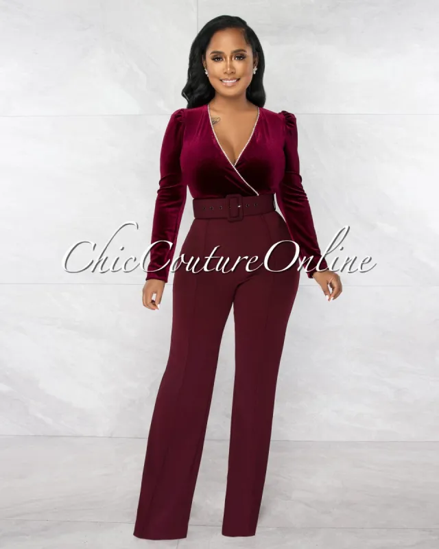 *Prescott Burgundy Velvet Rhinestones Belted Jumpsuit sold by chic