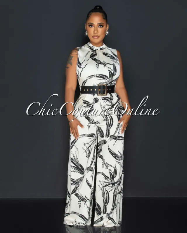 Adra Black Off-White Print Belted Silky Jumpsuit sold by Chic Couture