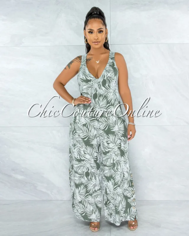 Mandel Olive Leaf Print Wood Buttons Ankle LINEN Jumpsuit sold by Chic Couture