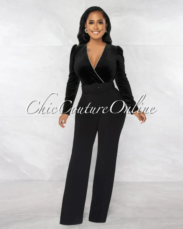 *Prescott Black Velvet Rhinestones Belted Jumpsuit sold by Chic Couture