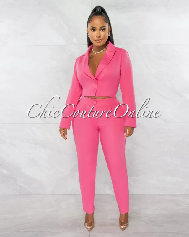Dottie Pink Crop Buttoned Blazer & Pants Set sold by Chic Couture