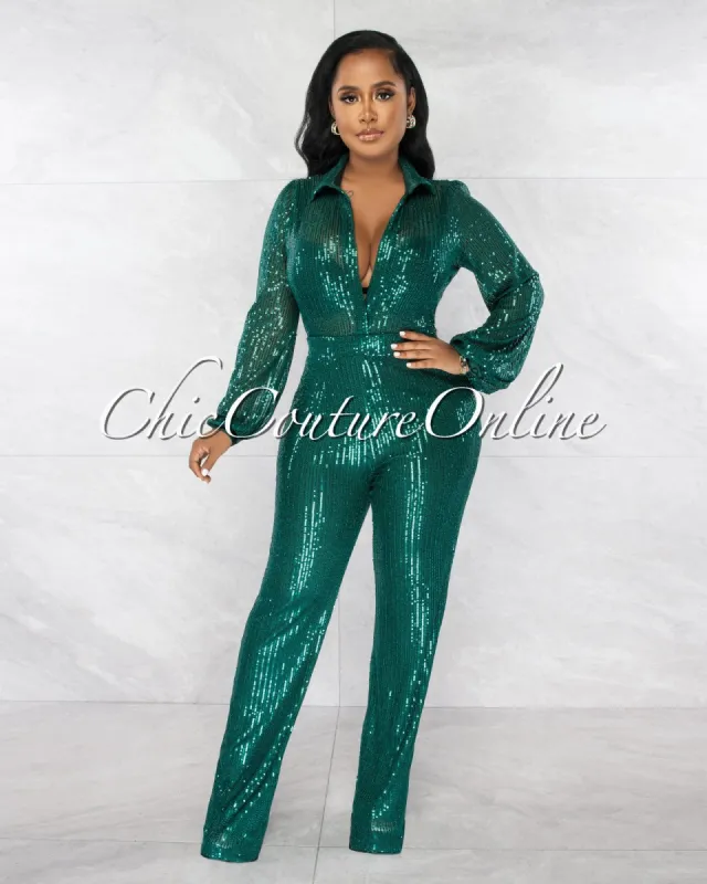 *Claster Hunter Green Sheer Mesh Top Sequins Jumpsuit sold by Chic Couture