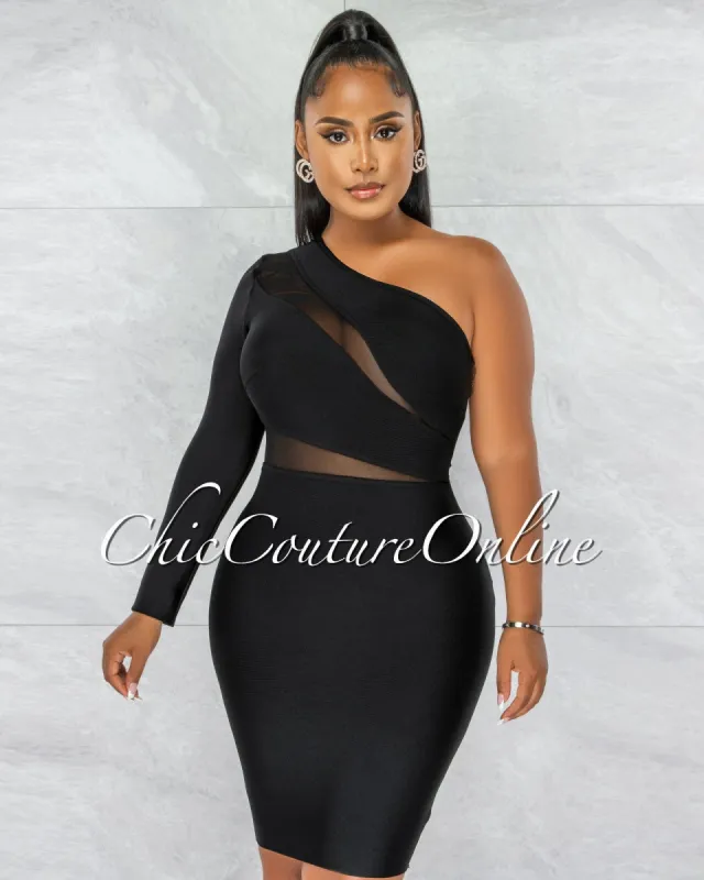 Blake Black Single Shoulder Mesh Details Bandage Dress sold by chic