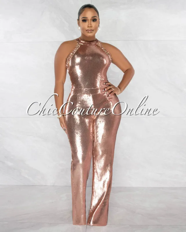 *Zendaya Copper Sequins Gold Link Accent Jumpsuit sold by Chic Couture