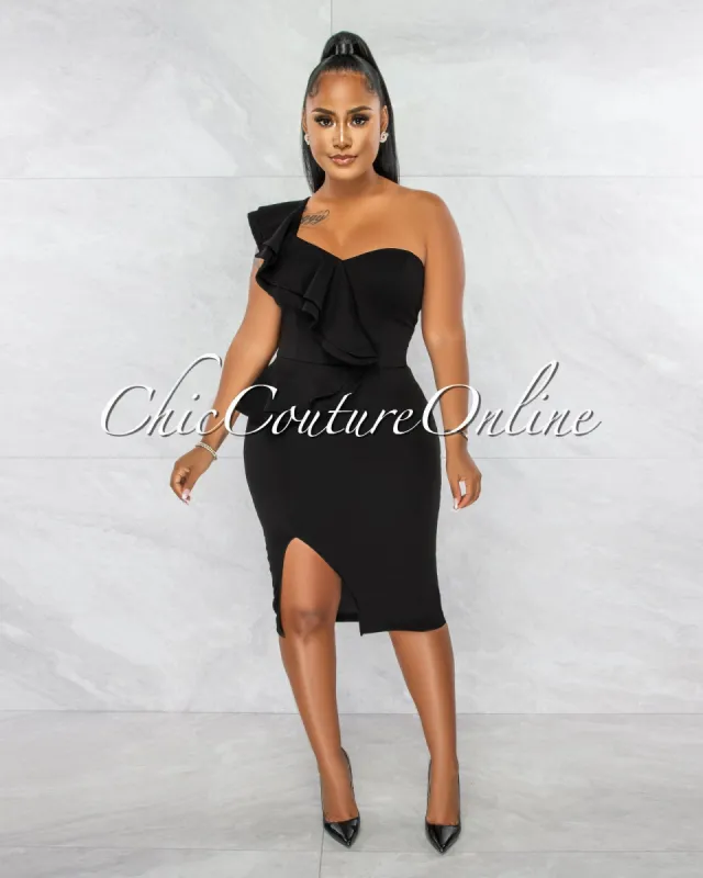 Corin Black Single Shoulder Ruffle Midi Dress sold by chic