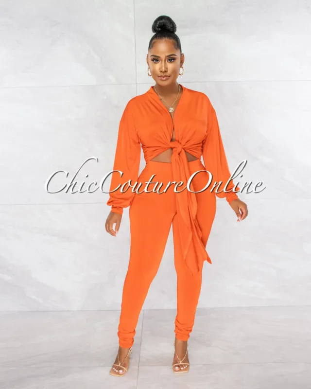 Sophia Orange Front Tie Top & Leggings Set sold by chic