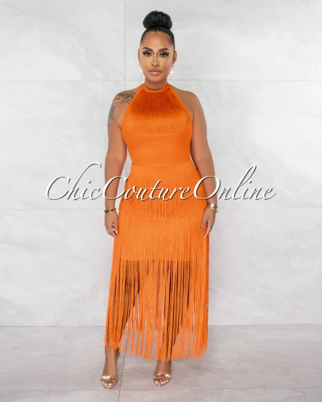 *Clara Orange Halter Fringe Bandage Dress sold by chic