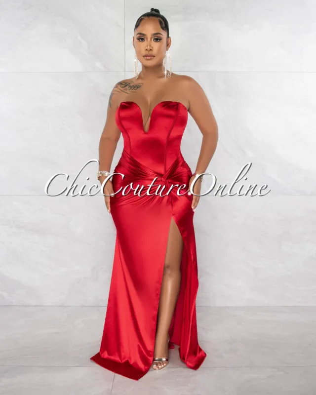 Stellie Red Strapless Knot High Slit Silky Maxi Dress sold by chic