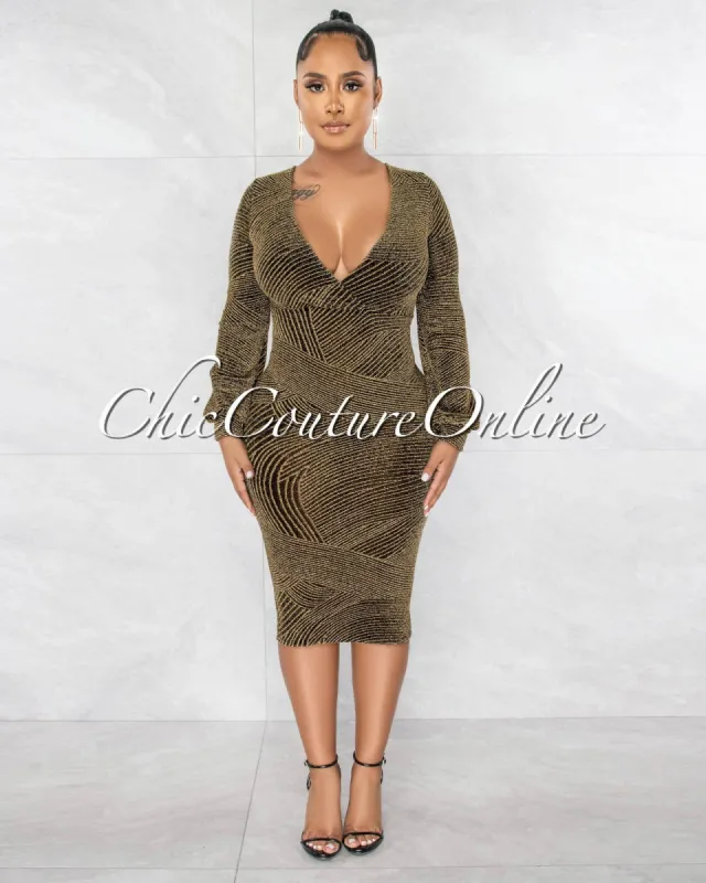 *Shebra Black Gold Shimmer Print Midi Dress sold by Chic Couture