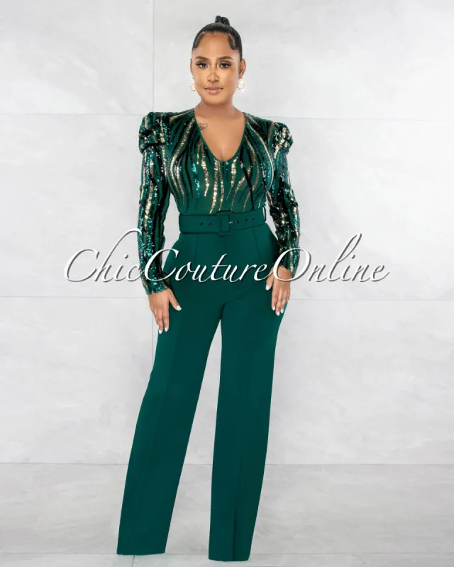 *Bernice Hunter Green Gold Sequins Top & Black Belt Jumpsuit sold by Chic Couture