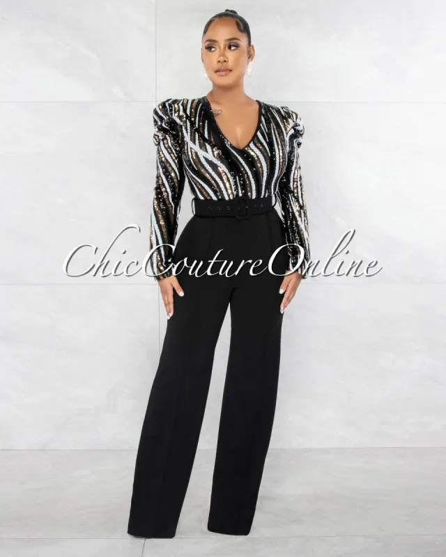*Bernice Black White Gold Sequins Top & Black Belt Jumpsuit sold by Chic Couture