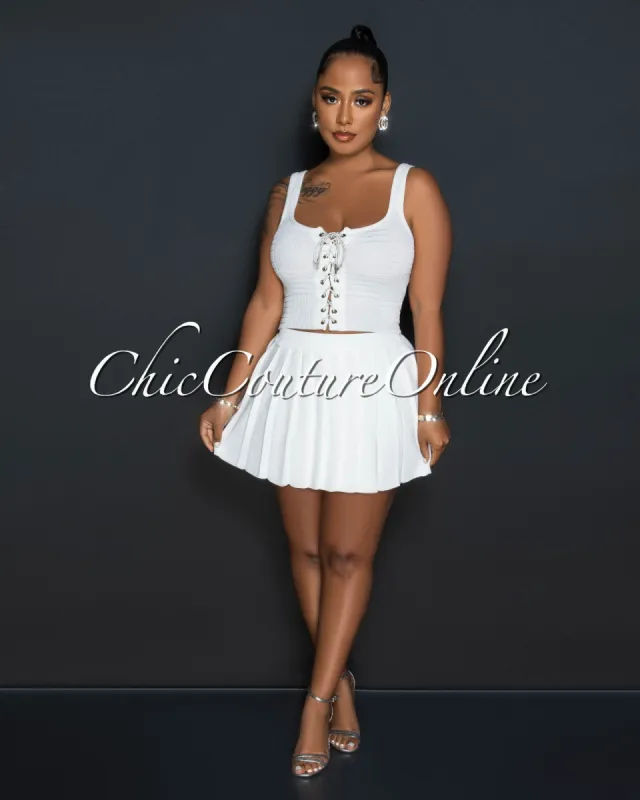 Barney Off-White Rhinestones Lace-Up Top & Mini Pleated Skirt Set sold by Chic Couture