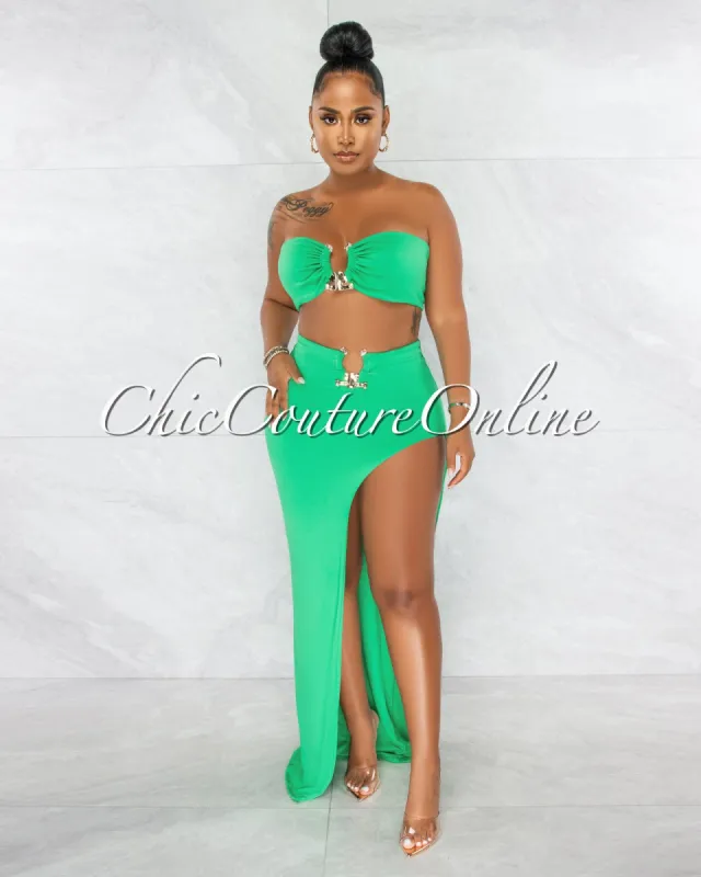 *Alyza Kelly Green Gold Accent Top & Maxi Slit Skirt Set sold by chic
