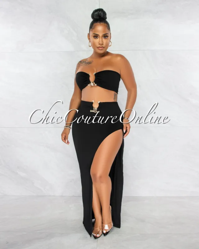 *Alyza Black Gold Accent Top & Maxi Slit Skirt Set sold by chic