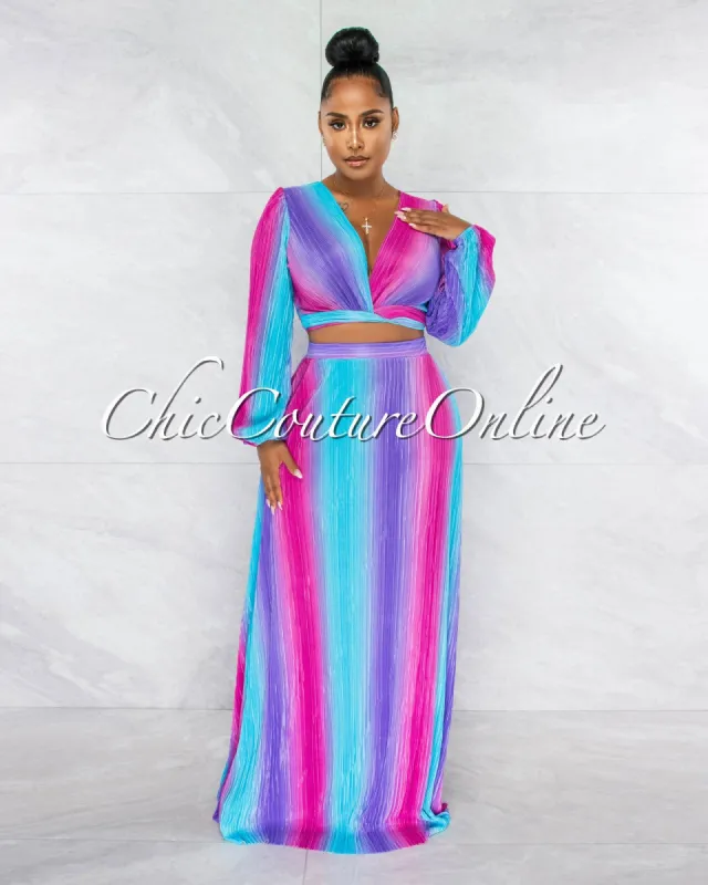 Jeneva Purple Turquoise Print Top & Maxi Skirt Ribbed Set sold by chic