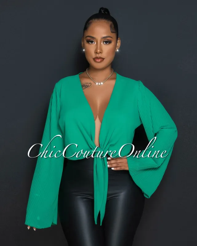 Krystal Green Pleated Sleeves Front Tie Blouse sold by chic