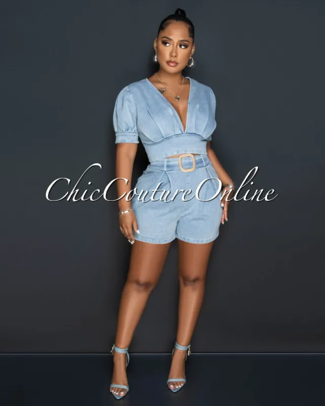 Thera Light Denim Crop Top & Pleated Shorts Set sold by Chic Couture