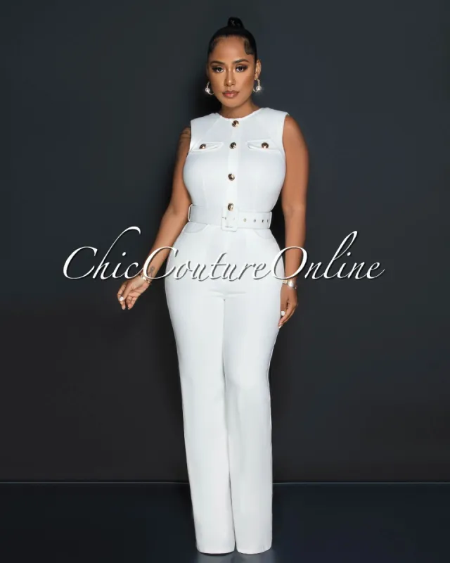 Barlow Off-White Gold Buttons Belted Denim Jumpsuit sold by Chic Couture