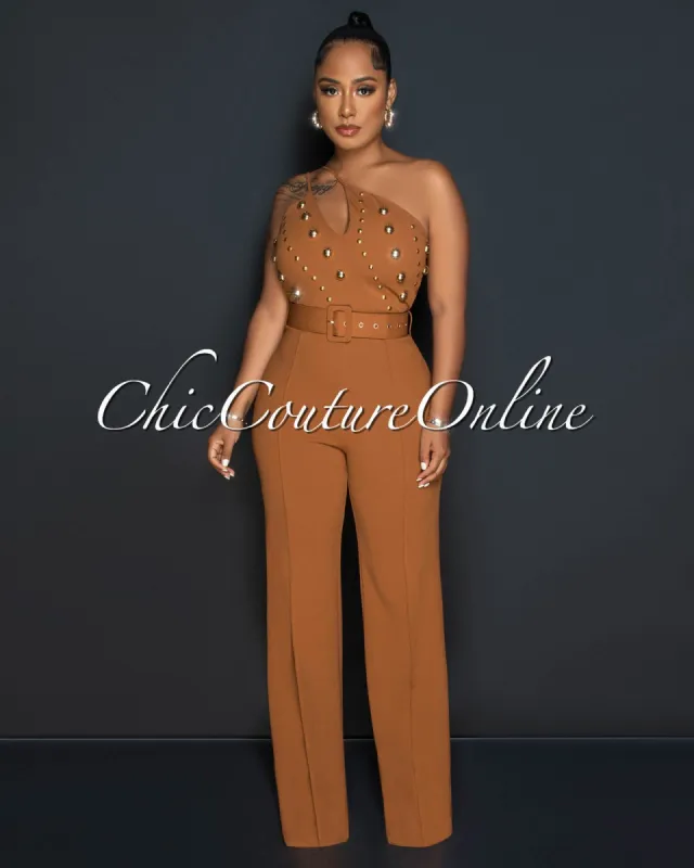 Devante Cognac Gold Studs Single Shoulder Belted Jumpsuit sold by Chic Couture
