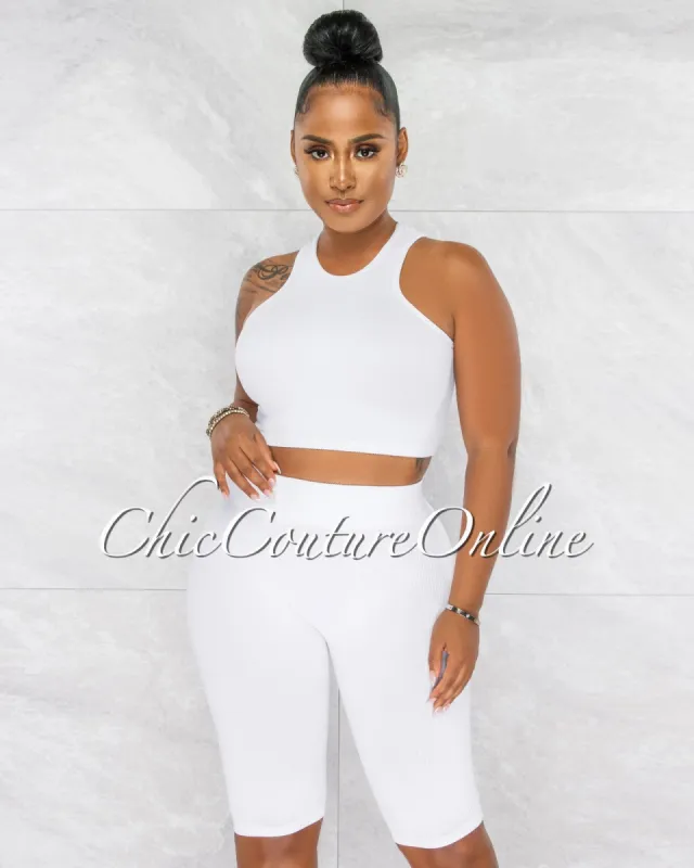 Mandisa White Ribbed Crop Top & Bike Shorts Set sold by chic