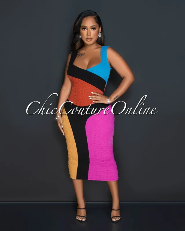 Magdalena Black Multi Color Block Textured Midi Dress sold by Chic Couture
