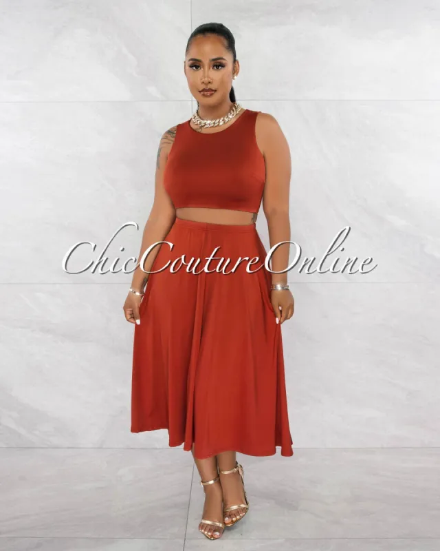 Orelie Rust Crop Top & Flutter Midi Skirt Set sold by Chic Couture