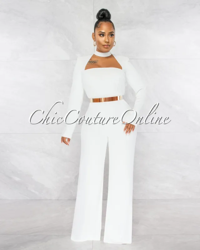 *Gianna Off-White Padded Shoulders Gold Belt Luxe Jumpsuit sold by Chic Couture