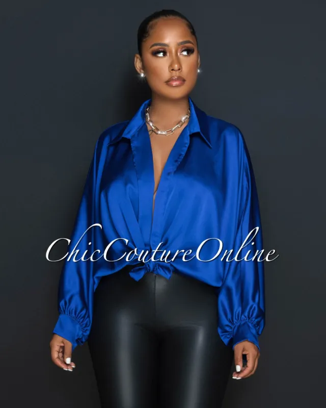 Pilar Royal Blue Wide Sleeves Silky Blouse sold by Chic Couture